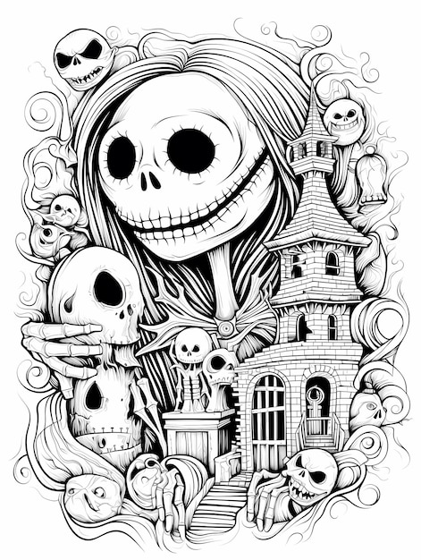 Premium ai image ntricate coloring page featuring zombified horror nightmare before christmas style