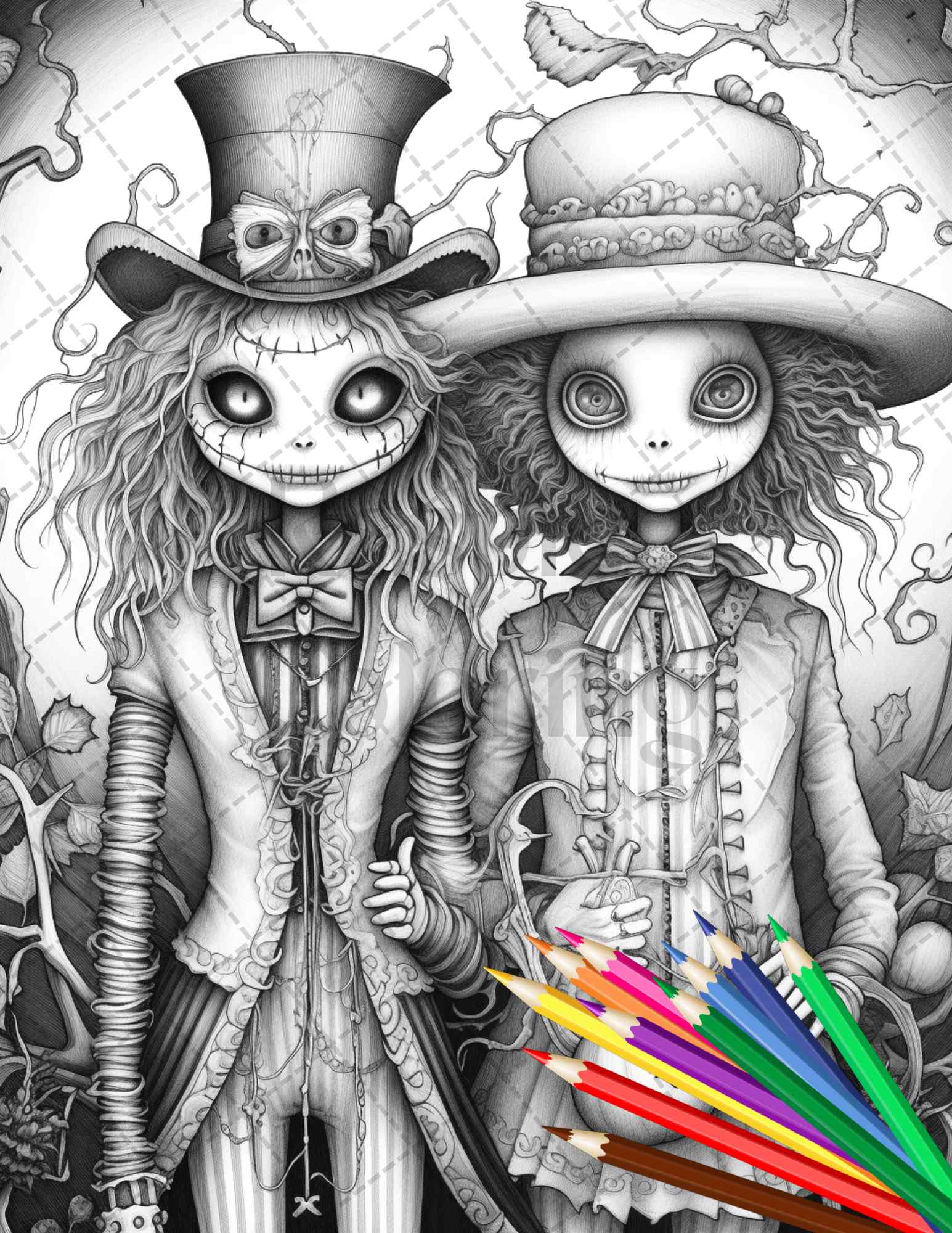 Scary scarecrows grayscale coloring pages printable for adults hal â coloring