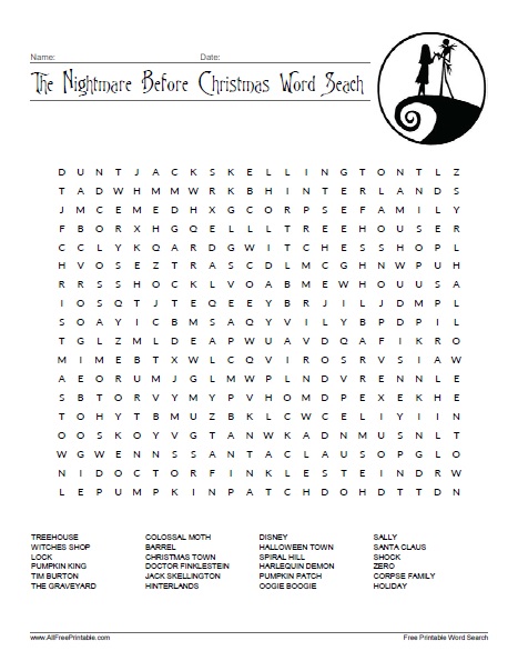 The nightmare before christmas word search â free printable