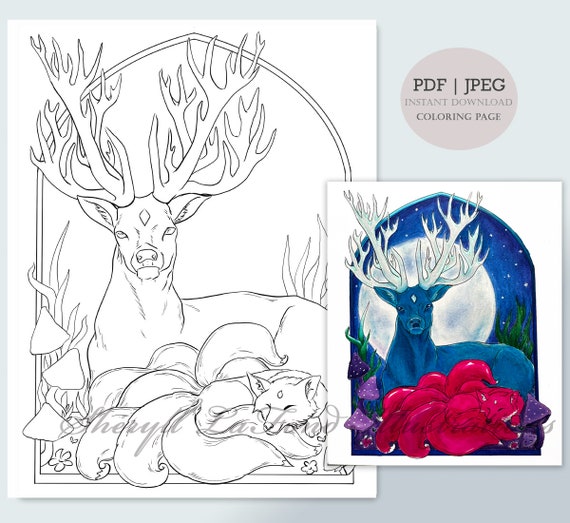 Mythical deer and the nine tailed fox coloring page