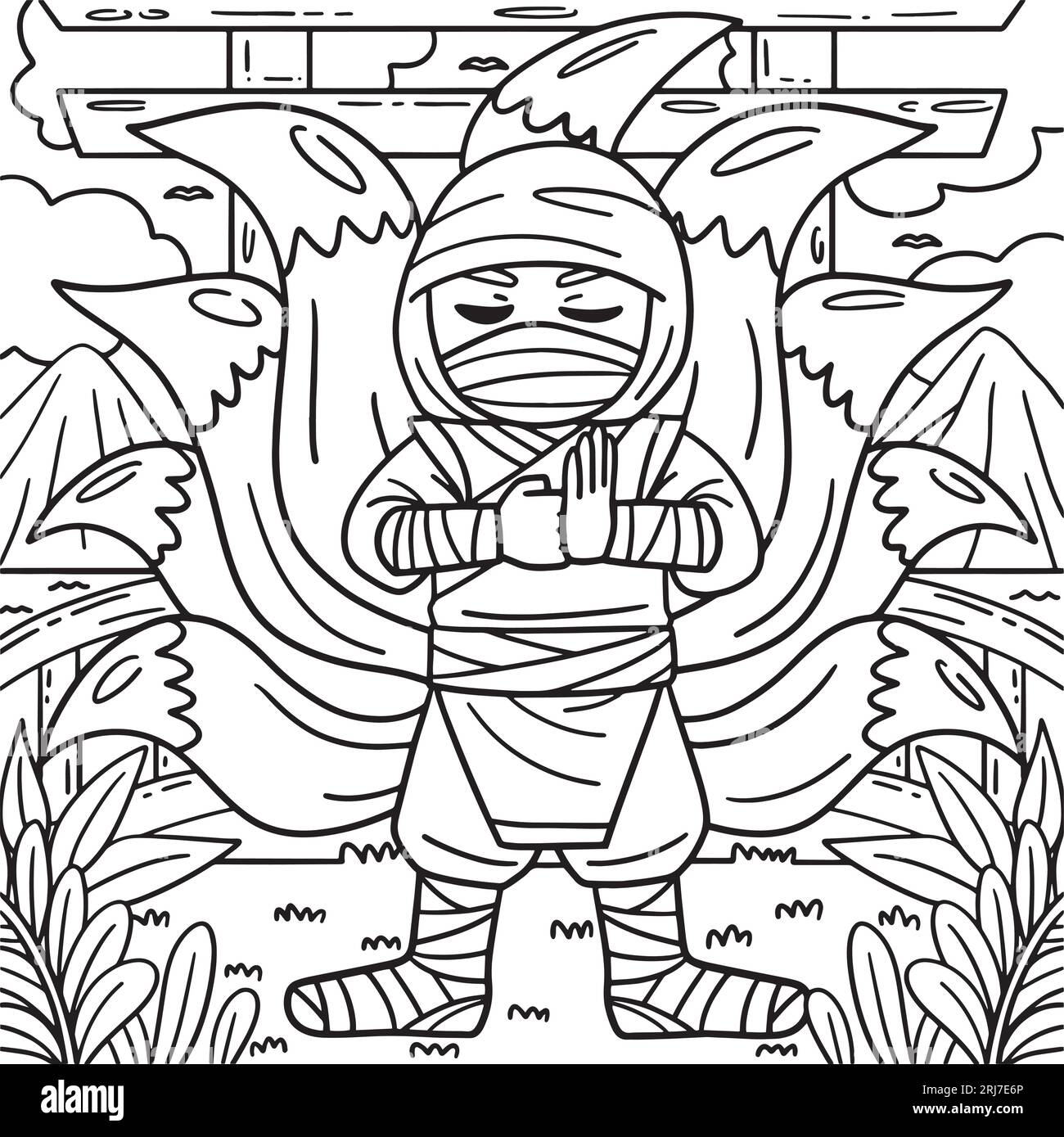 Ninja with nine tails coloring page for kids stock vector image art