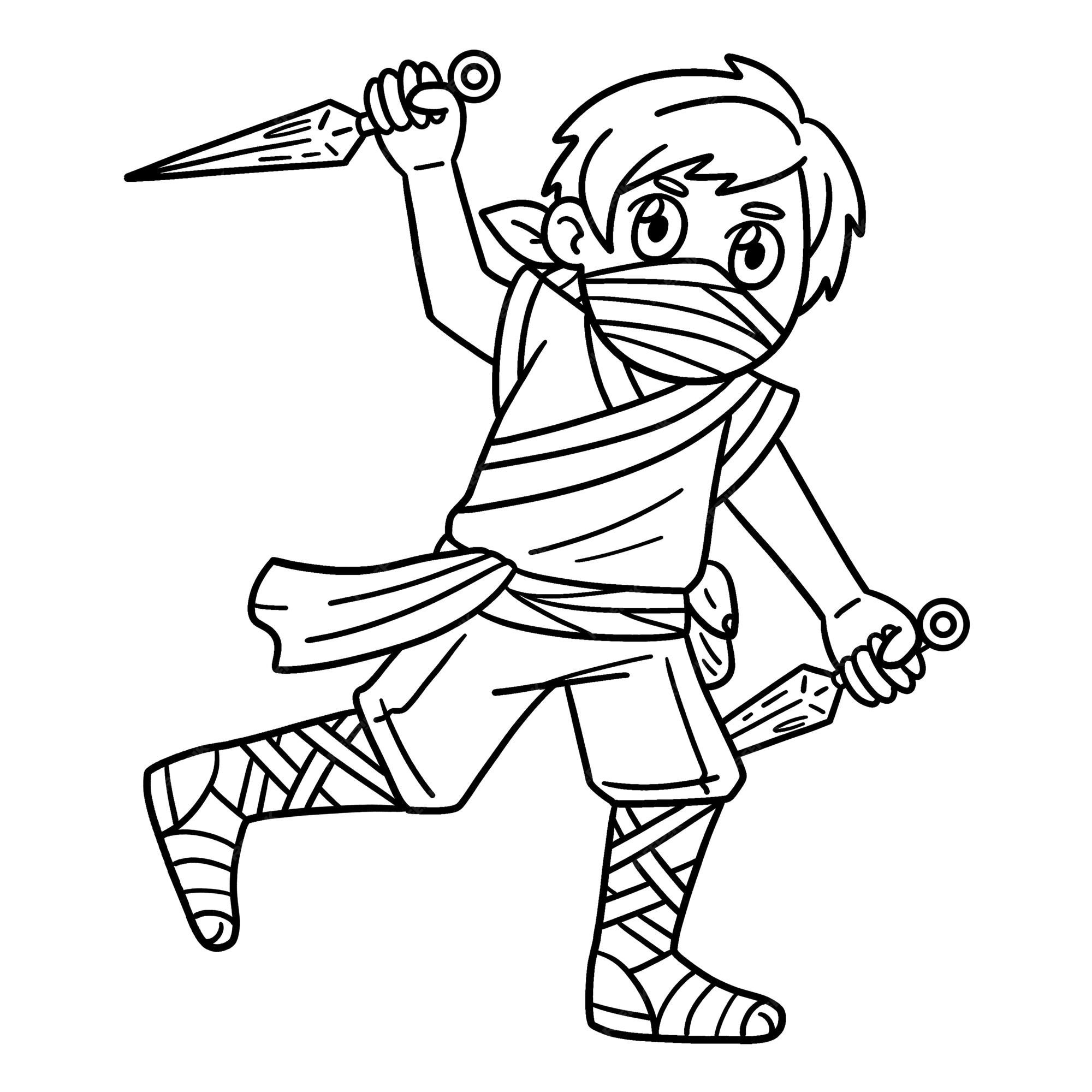 Premium vector a cute and funny coloring page of a ninja with kunai provides hours of coloring fun for children color this page is very easy suitable for little kids and