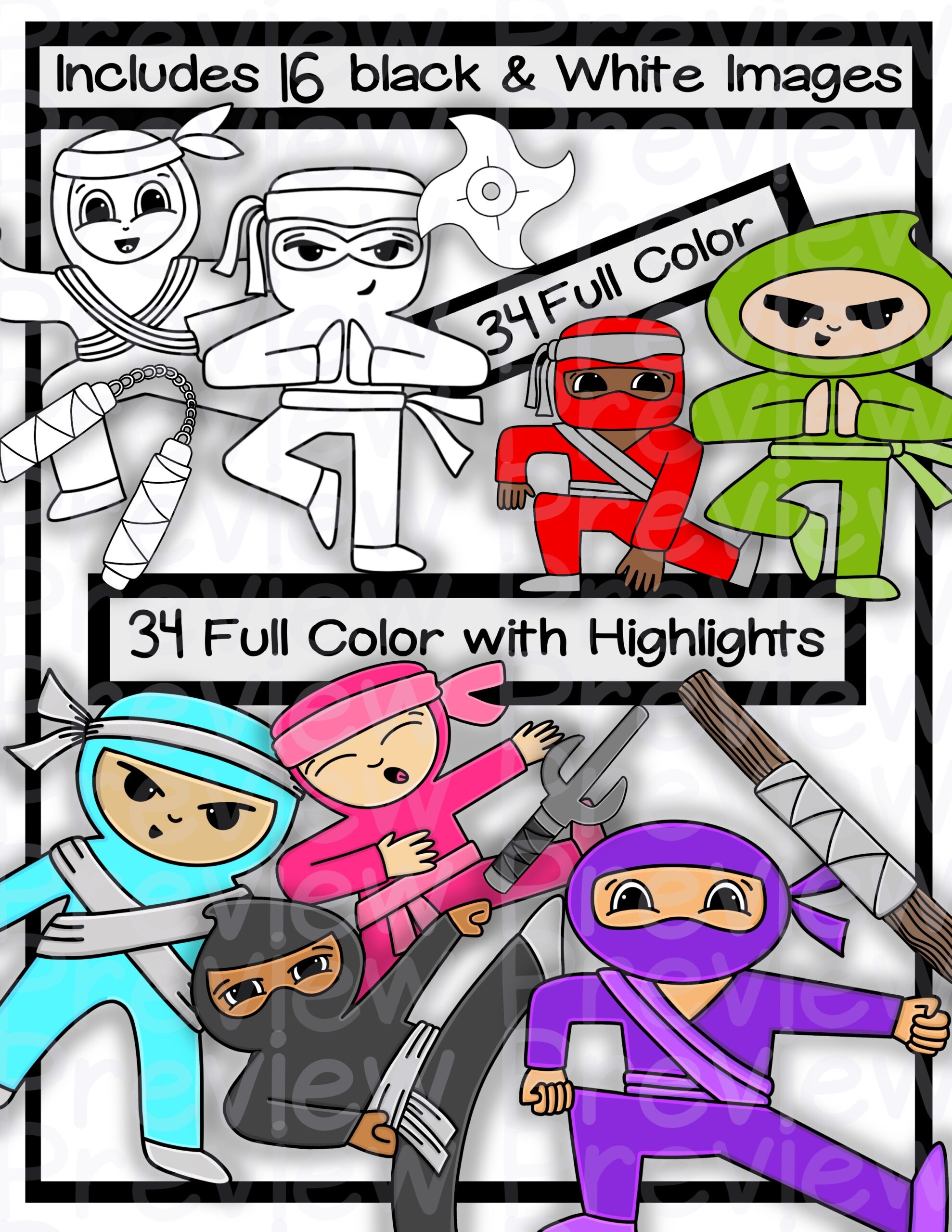 Ninja clip art set with ninja themed coloring pages full color and line art made by teachers