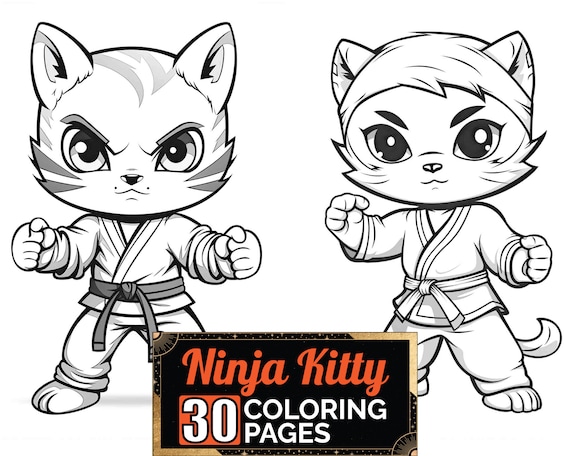 Ninja kitty coloring book detail greyscale adult kids cute cat animal colouring pages a size sheet printable digital pdf download download now