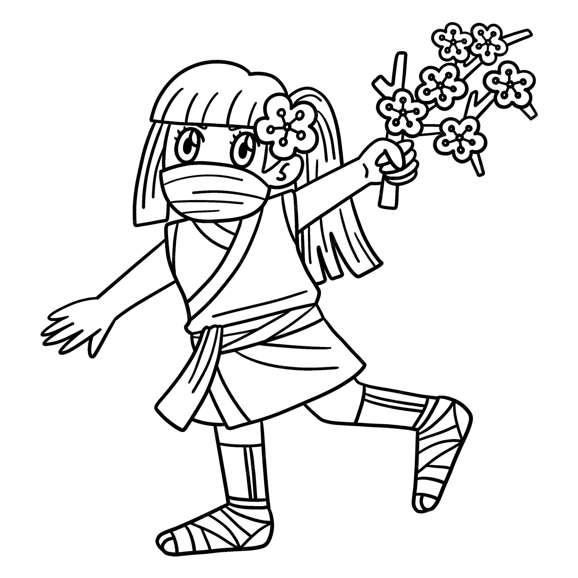 Premium vector a cute and funny coloring page of a ninja kunoichi with sakura branch provides hours of coloring fun for children color this page is very easy suitable for little