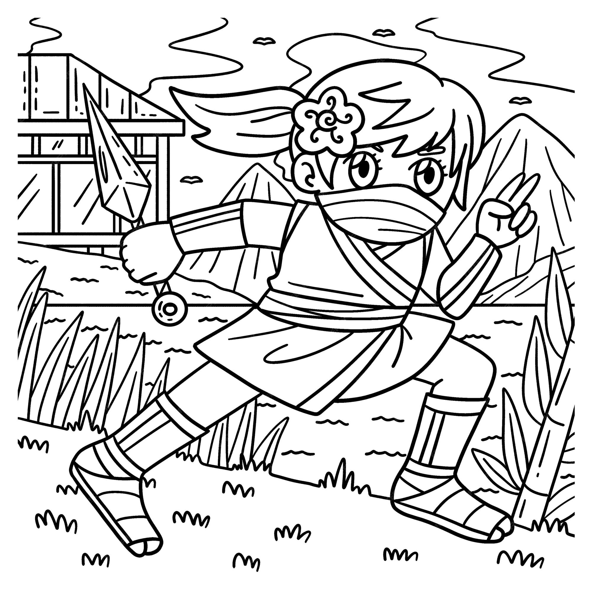 Premium vector a cute and funny coloring page of a ninja kunoichi with kunai provides hours of coloring fun for children color this page is very easy suitable for little kids