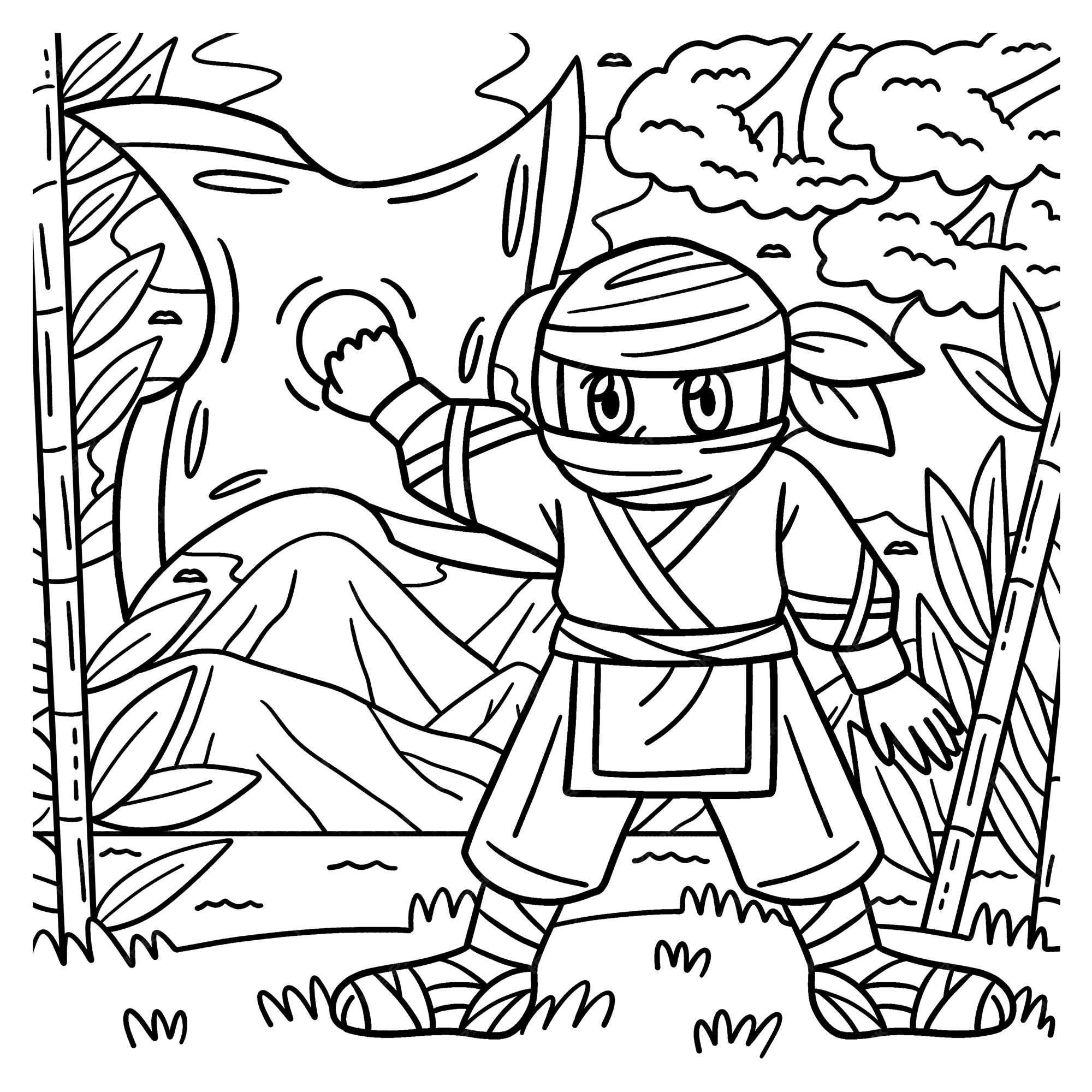 Premium vector a cute and funny coloring page of a ninja with a huge shuriken provides hours of coloring fun for children color this page is very easy suitable for little