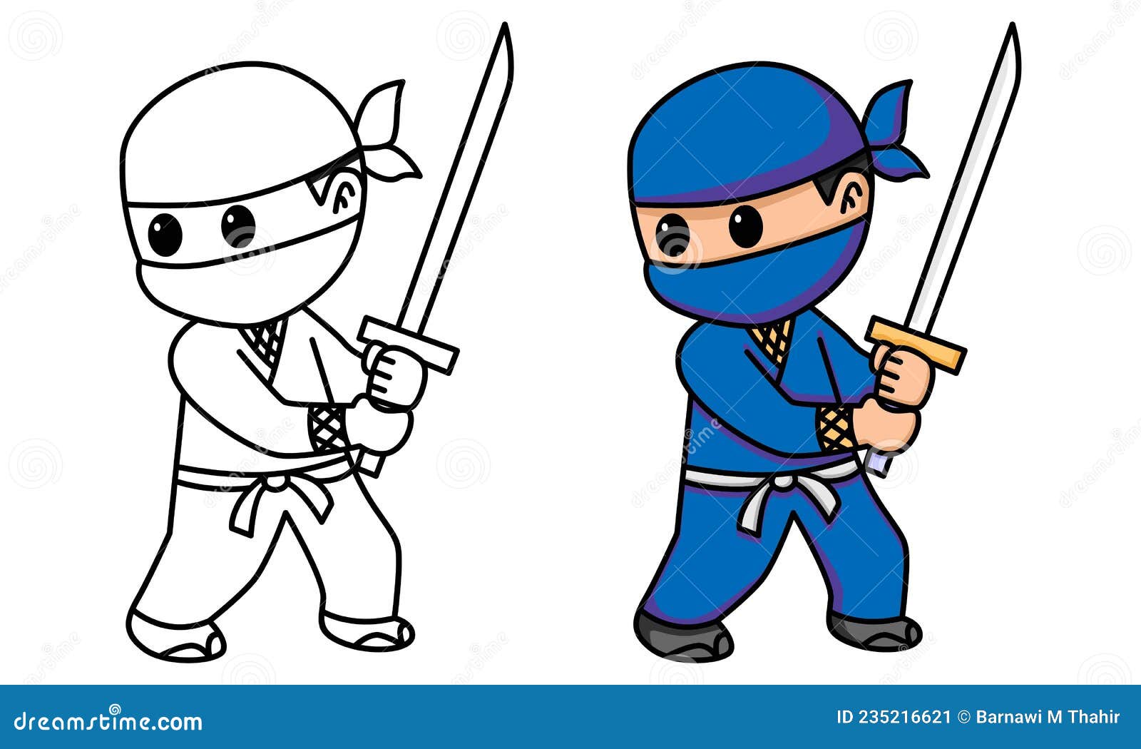 Ninja holding sword coloring page for kids stock vector