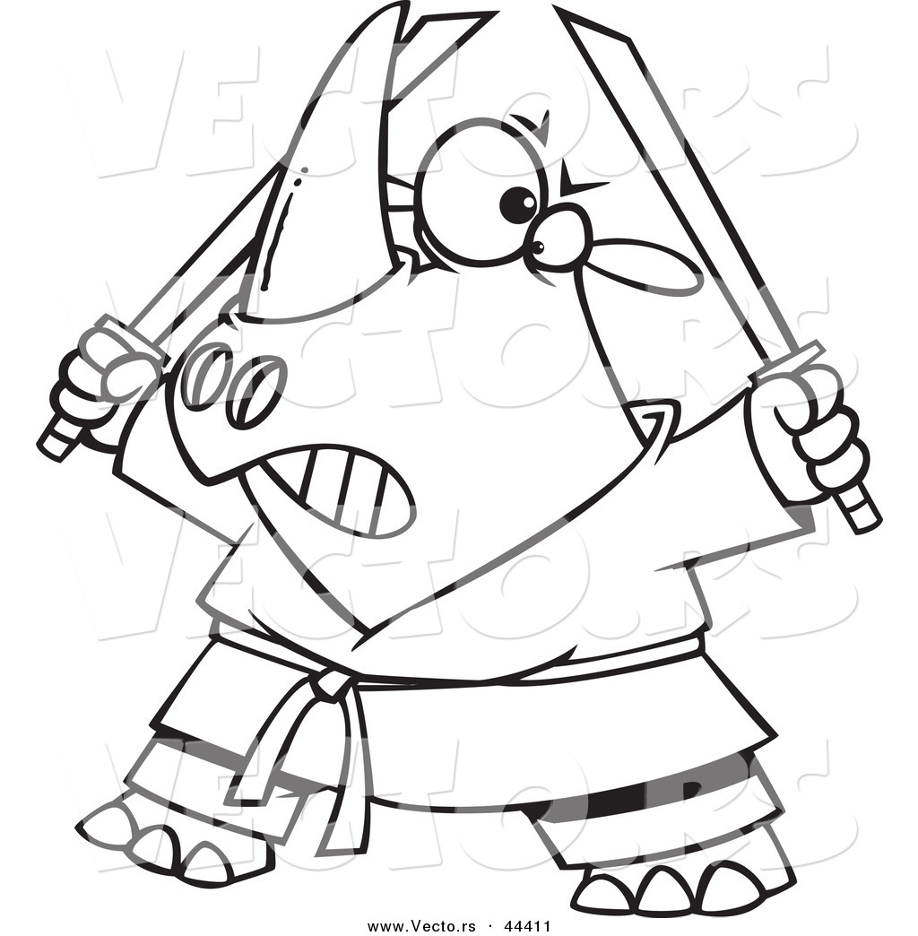 R of a tough cartoon ninja rhino holding swords