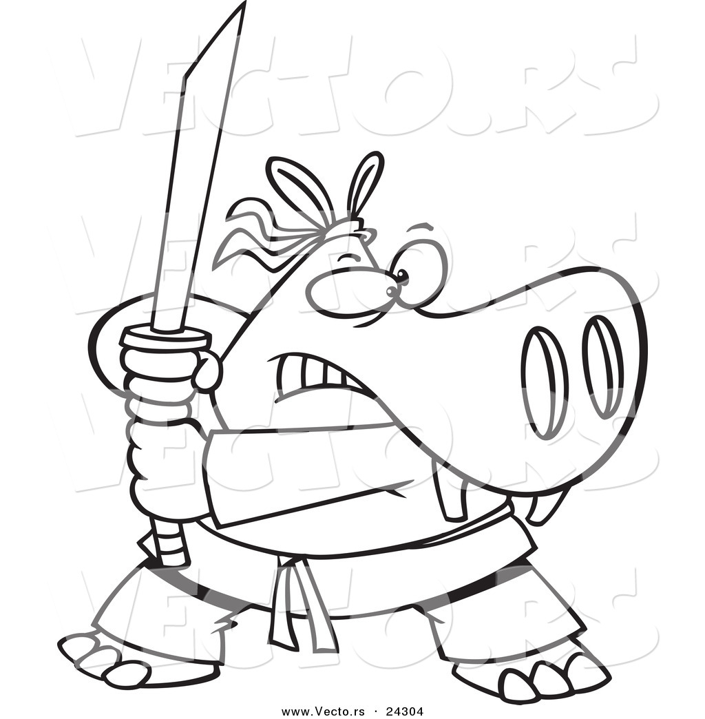 R of a cartoon hippo ninja black and white outline