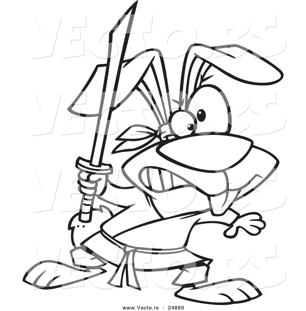 R of a cartoon ninja rabbit with a sword