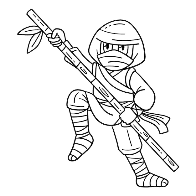 Premium vector a cute and funny coloring page of a ninja with a bamboo pole provides hours of coloring fun for children color this page is very easy suitable for little