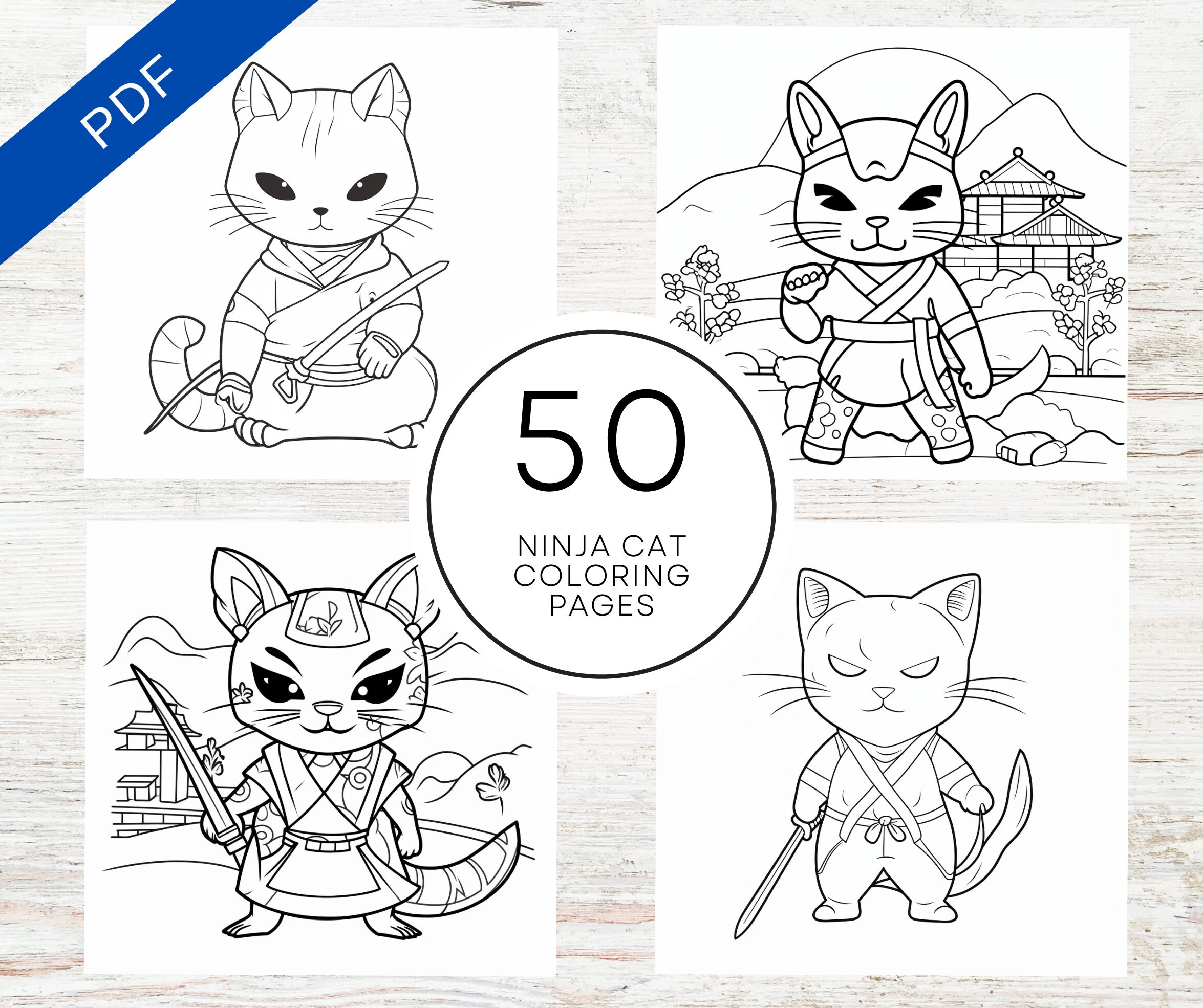 Kdp interior ninja cat coloring pages x pdfcanva template ninja kittens coloring book for kids adults instant download