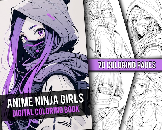 Anime ninja girls coloring book page manga fantasy anime coloring pages for adults children instant download printable pdf download now