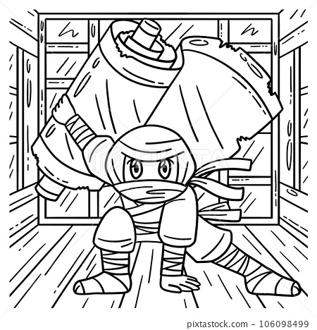 Ninja with jutsu scroll coloring page for kids