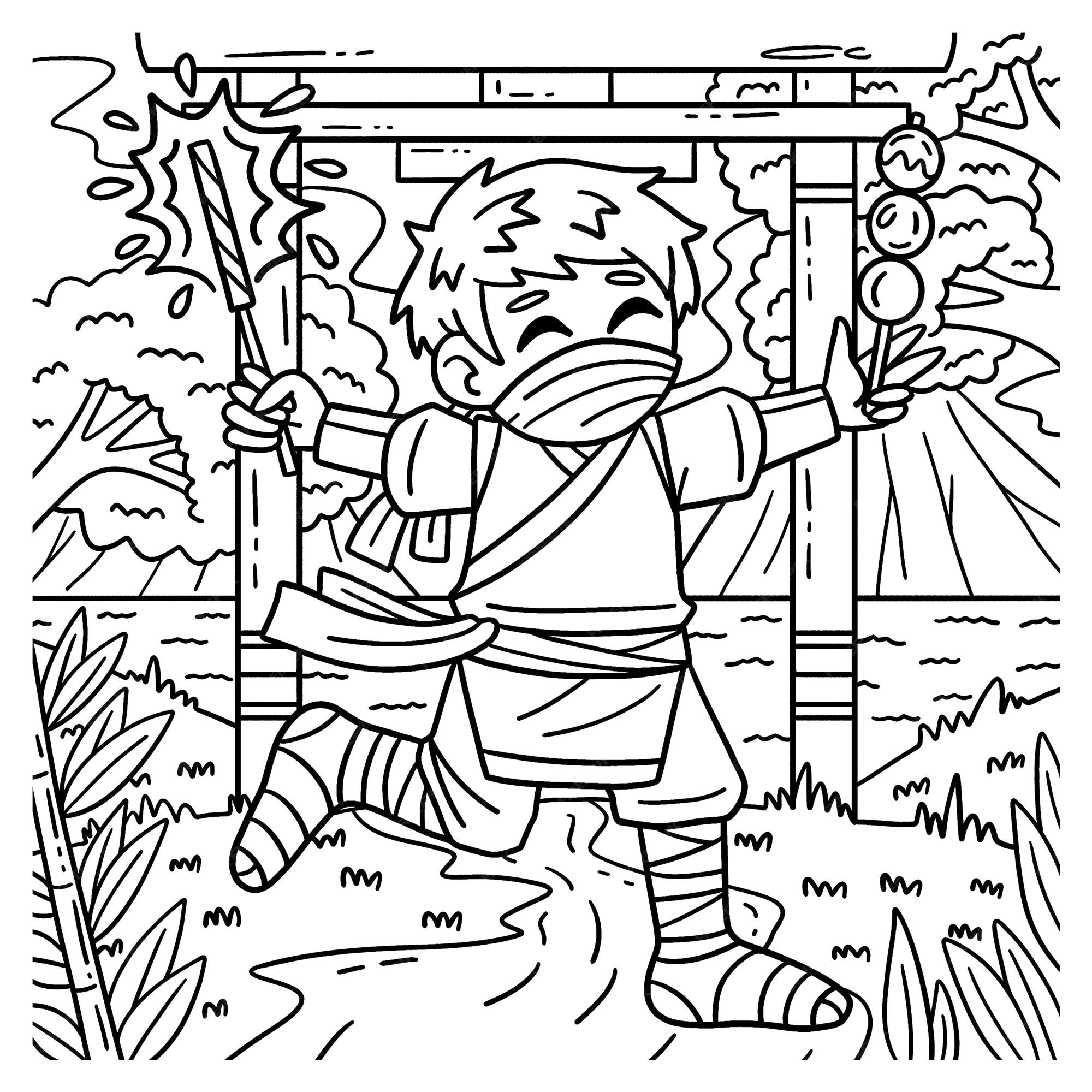 Premium vector a cute and funny coloring page of a ninja with sparklers and dango provides hours of coloring fun for children color this page is very easy suitable for little
