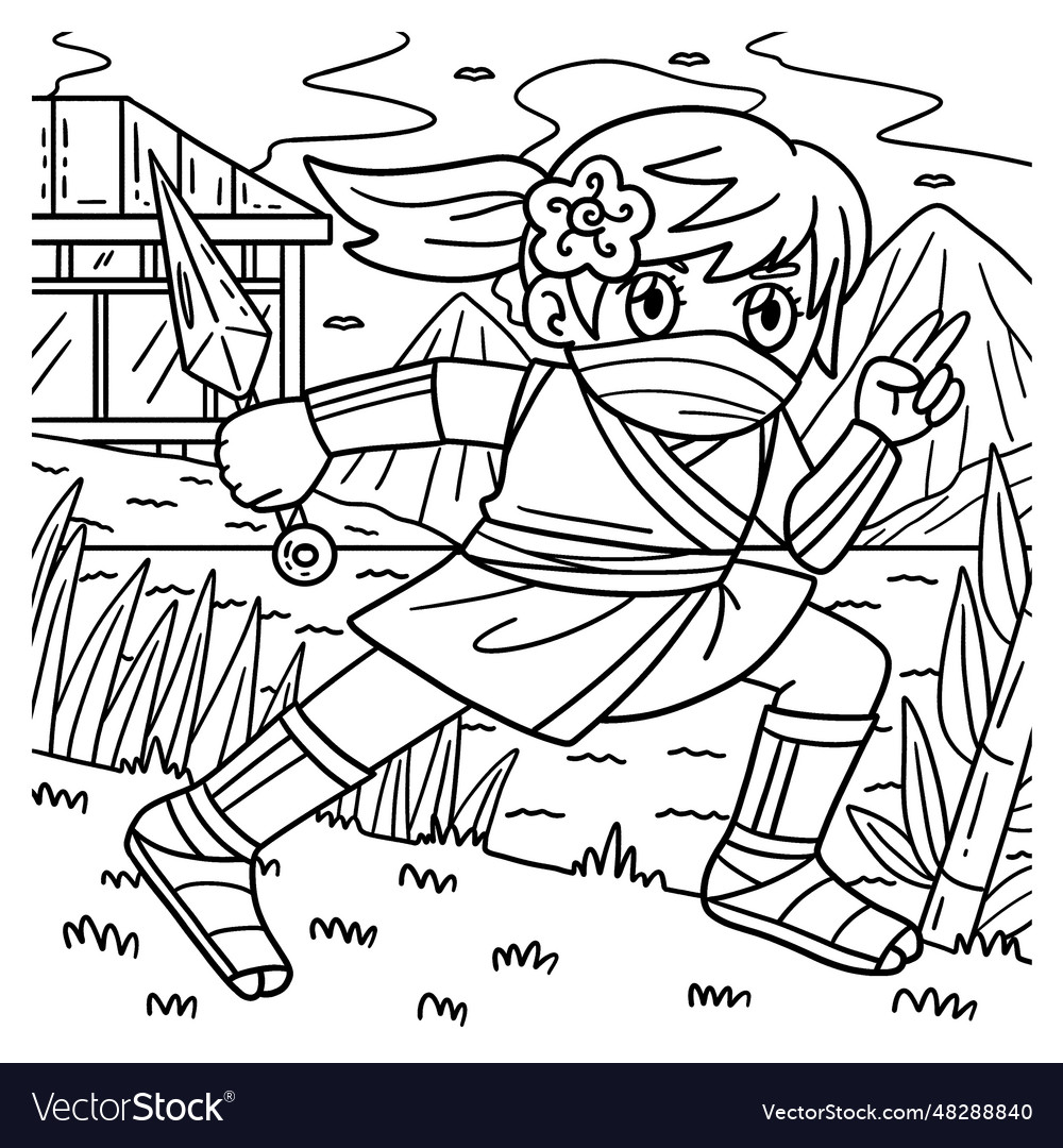 Ninja kunoichi with kunai coloring page for kids vector image