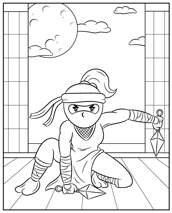 Ninja with kunais coloring page