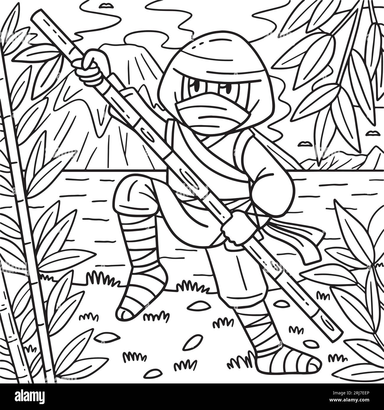 Ninja with a bamboo pole coloring page for kids stock vector image art