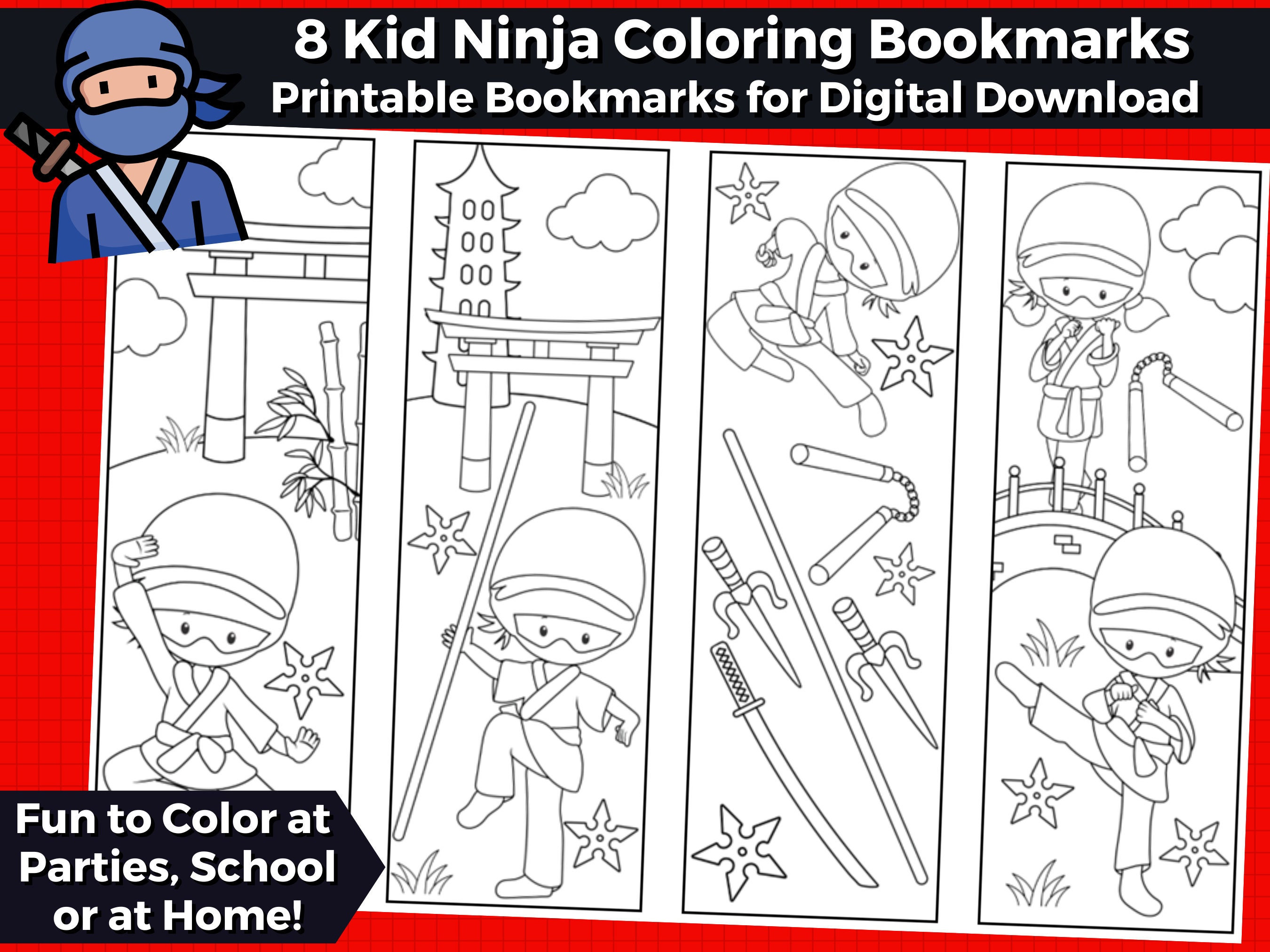 Kid ninja printable coloring bookmarks for kids instant download color your own bookmarks