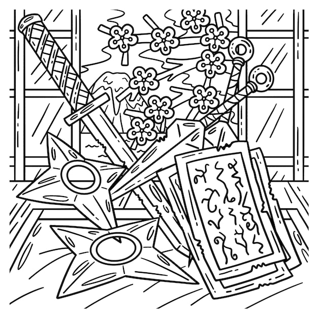 Premium vector a cute and funny coloring page of ninja tools provides hours of coloring fun for children color this page is very easy suitable for little kids and toddlers