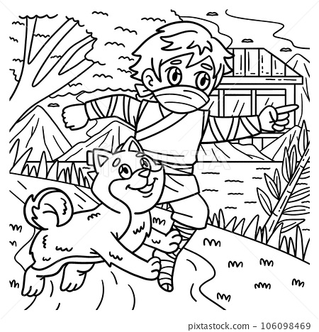 Ninja and shiba inu coloring page for kids