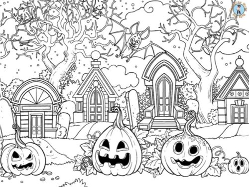 Halloween graveyard coloring page