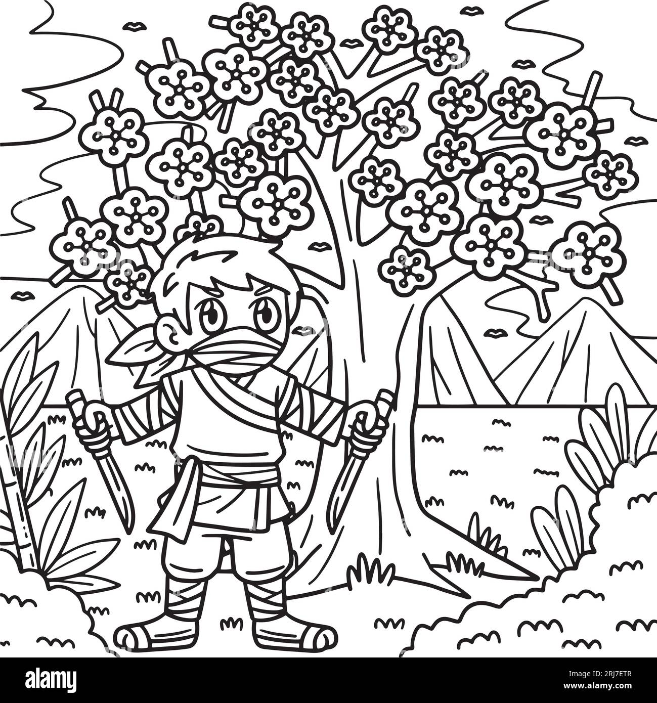 Ninja under sakura tree coloring page for kids stock vector image art