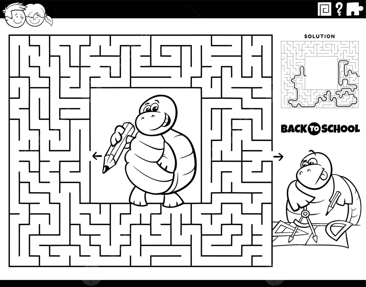 Coloring page of a schoolbound cartoon turtle navigating a maze vector way character color book png and vector with transparent background for free download