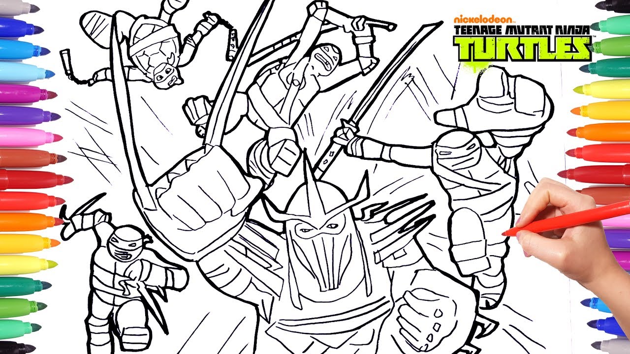 Ninja turtles battle shredder coloring pages for kids draw color tnt coloring book