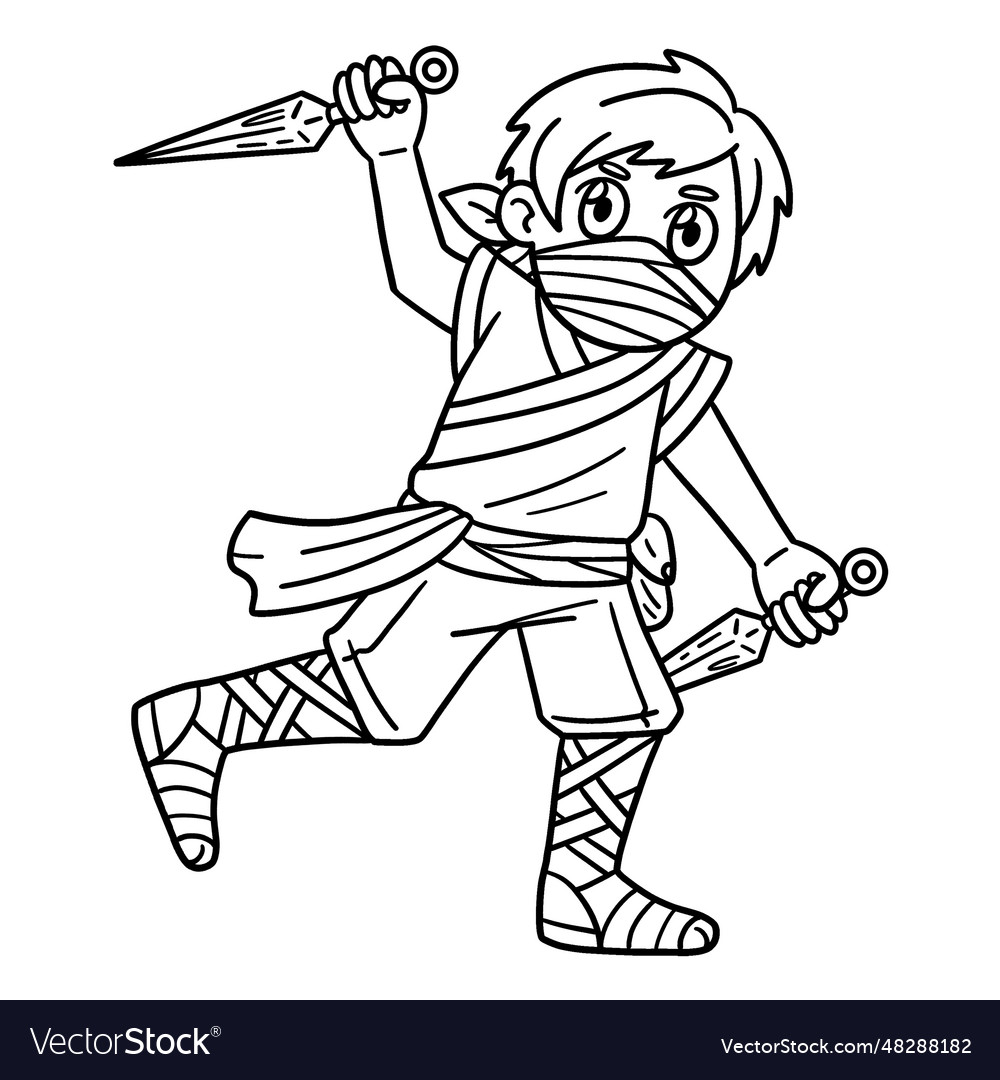 Ninja with kunai isolated coloring page for kids vector image