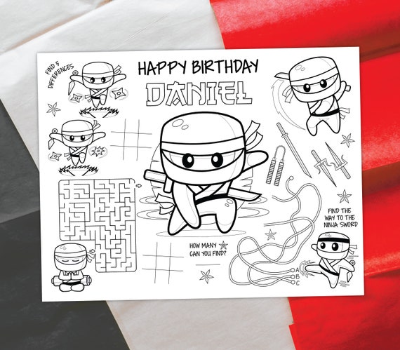 Ninja coloring placemat digital warrior party activity sheet kids coloring page editable printable file download