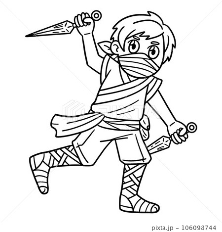 Ninja with kunai isolated coloring page for kids