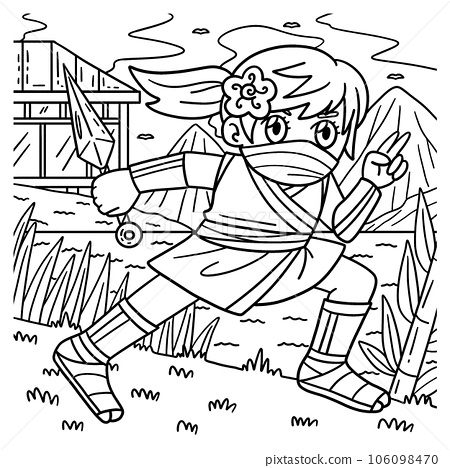 Ninja kunoichi with kunai coloring page for kids