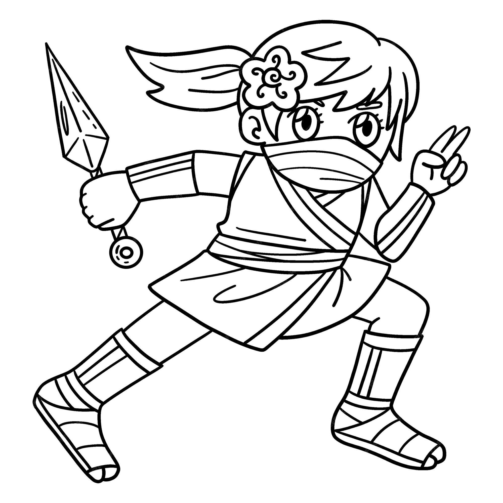 Premium vector a cute and funny coloring page of a ninja kunoichi with kunai provides hours of coloring fun for children color this page is very easy suitable for little kids