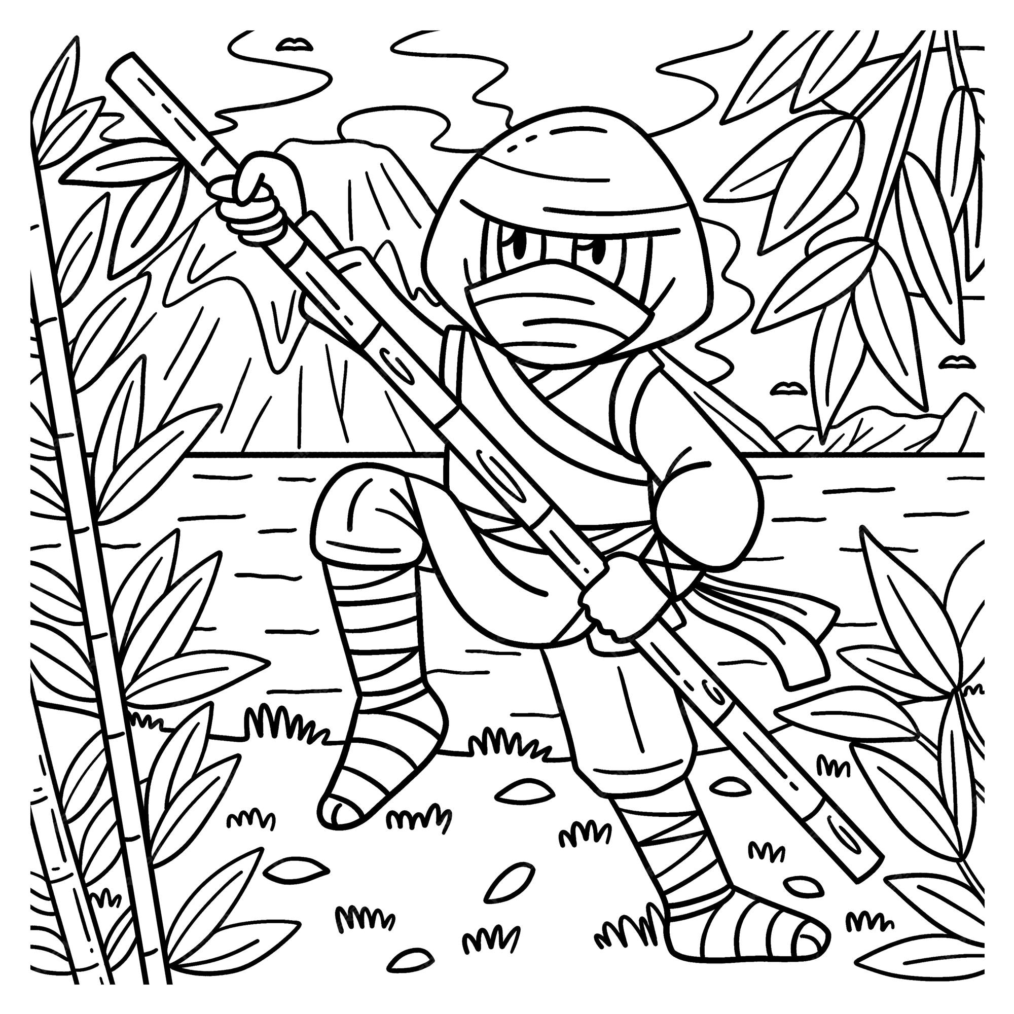 Premium vector a cute and funny coloring page of a ninja with a bamboo pole provides hours of coloring fun for children color this page is very easy suitable for little