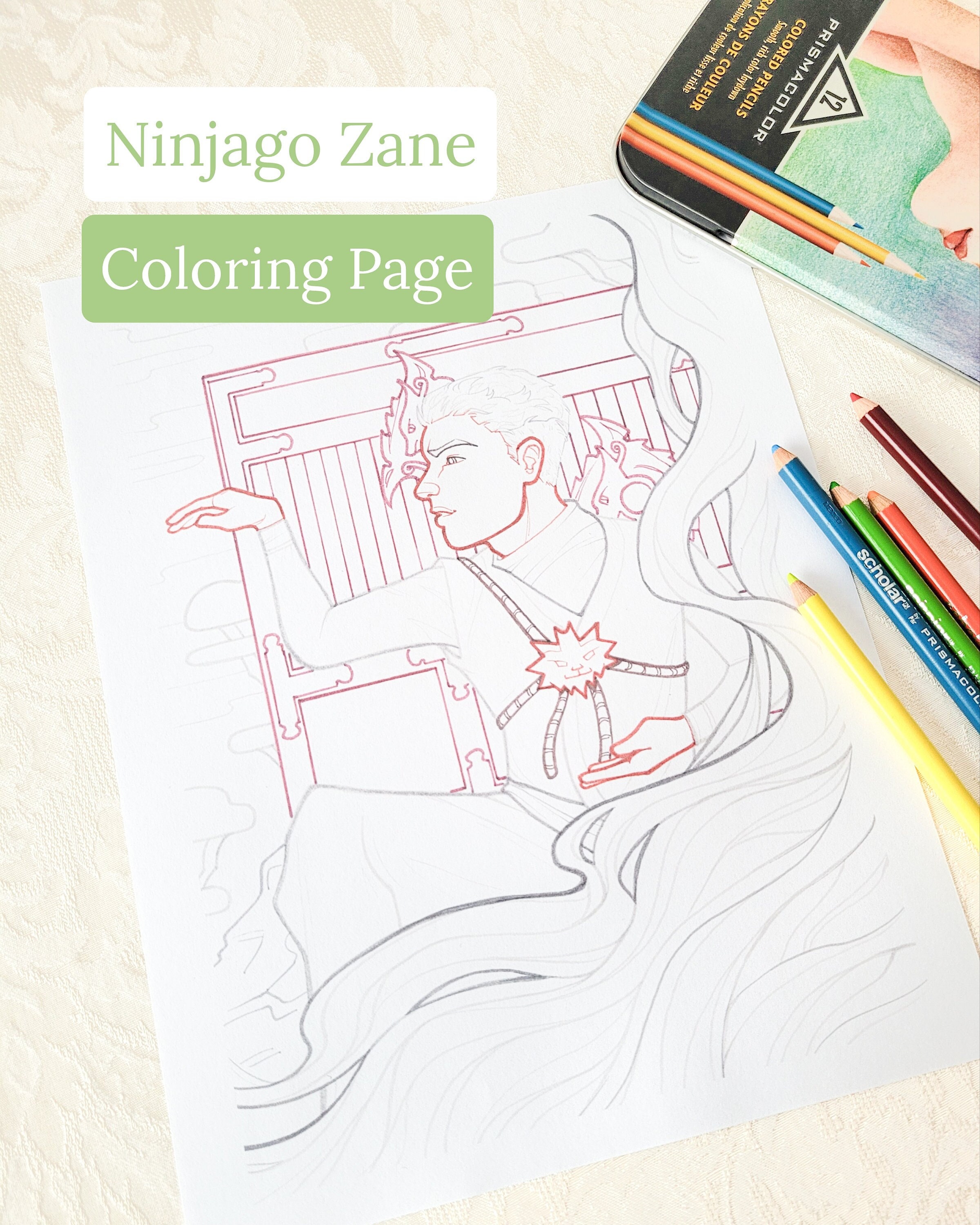 Ninjago zane coloring page digital download ninjago masters of spinjitzu printable lineart coloring page original artwork