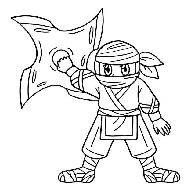 Premium vector a cute and funny coloring page of a ninja with a huge shuriken provides hours of coloring fun for children color this page is very easy suitable for little