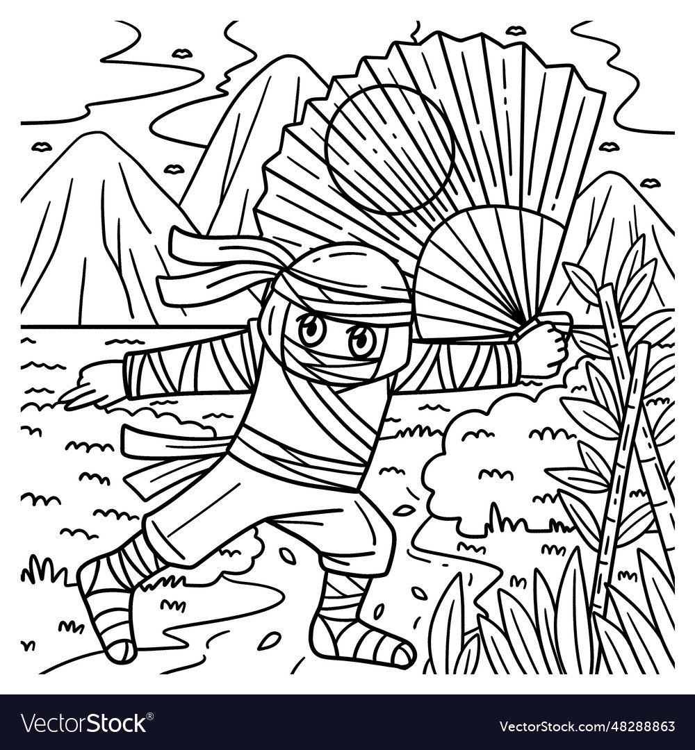 Ninja with a large fan coloring page for kids vector image