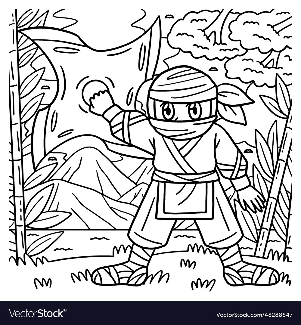 Ninja with huge shuriken coloring page for kids vector image