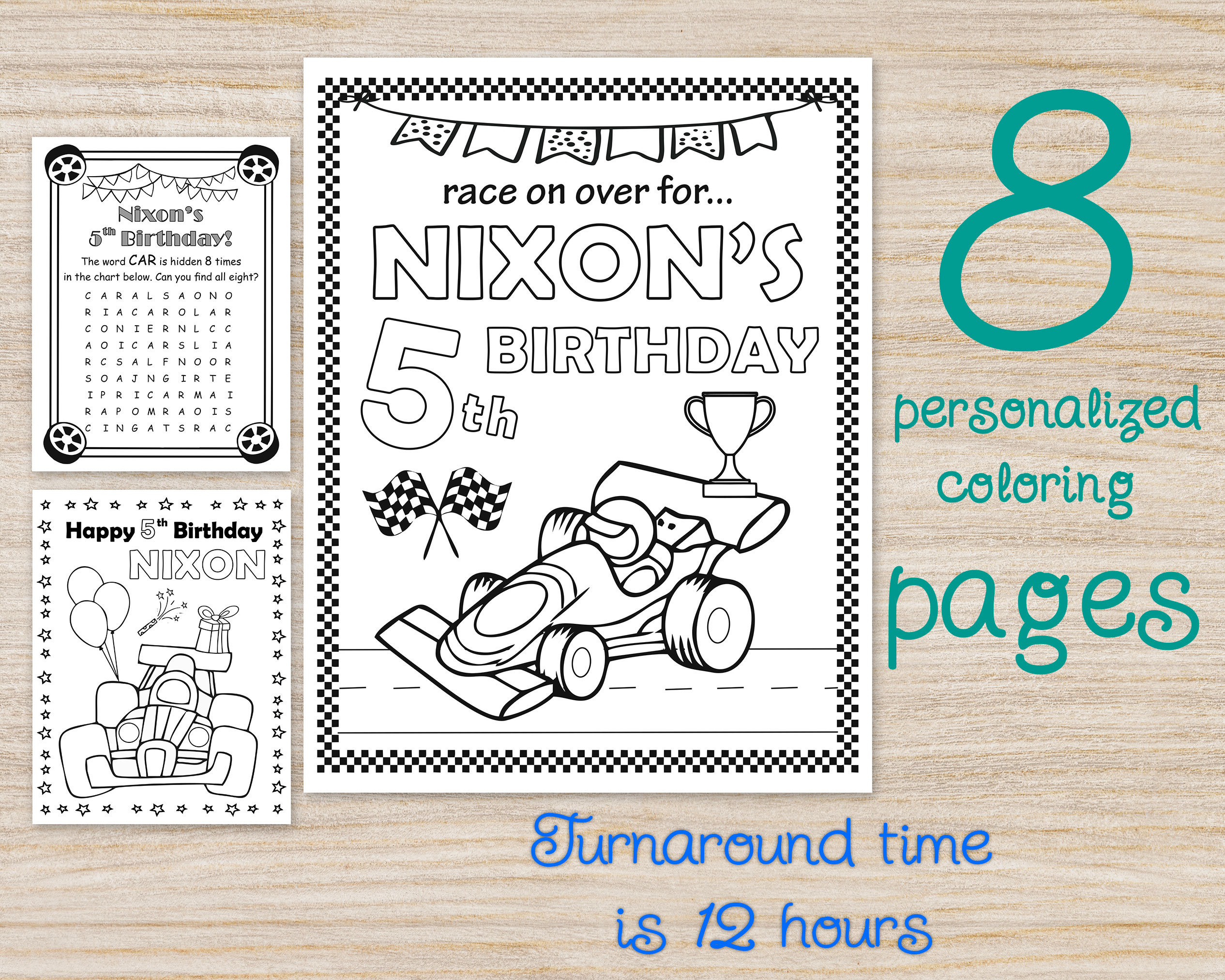 Race car birthday party coloring pages two fast digital bday boy favors personalized racing car edit activity sheets