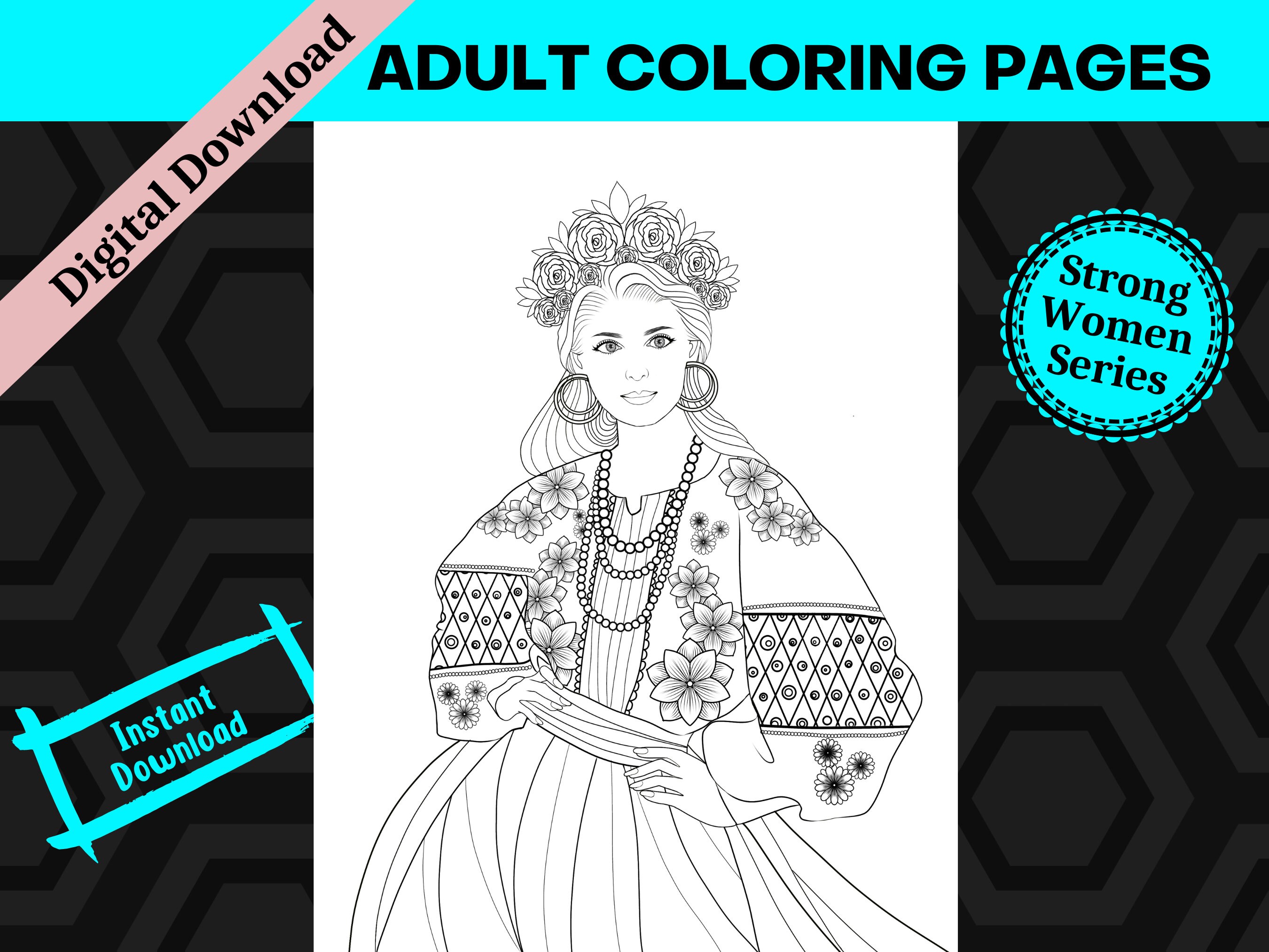 Strong woman digital coloring page printable adult coloring page instant download coloring sheet for adults and teen personal use only