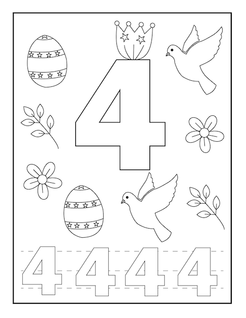 Premium vector number coloring pages for kids with easter flower birds