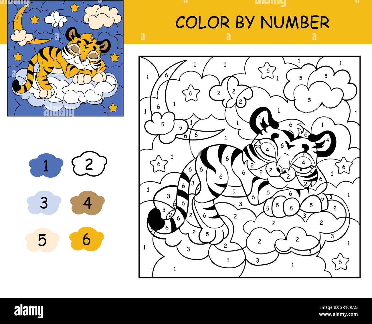 Coloring puzzle with number of color for kids with cute dreaming tiger printable coloring page for kids leisure black and white picture with color i stock vector image art