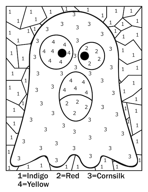 Premium vector halloween color by number coloring page for kids and adults