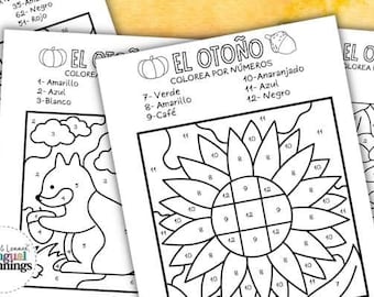 Color by number fall worksheets in spanish instant download