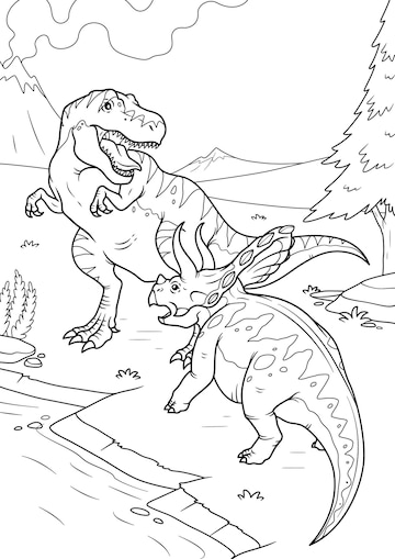 Premium vector tyrannosaurus rex vs triceratops dinosaur line art for coloring page vector illustration