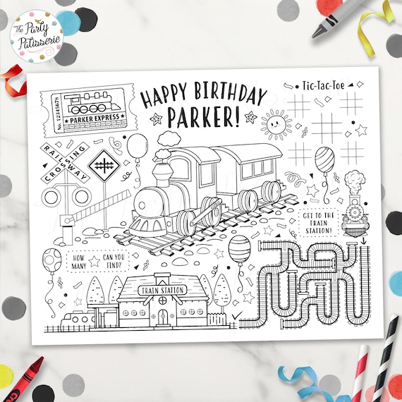 Printable train coloring placemat colouring page birthday digital file printable lootive railway activity mat