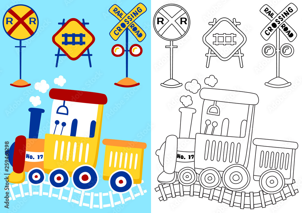 Train with railroad signs vector cartoon coloring bookpage vector