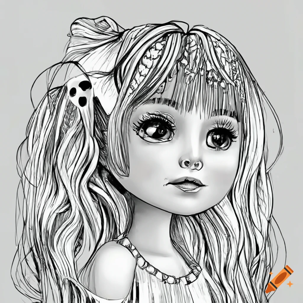 No shading cute kid girl coloring page black and white on